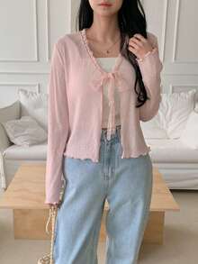 DAZY 女士蕾丝边蝴蝶结薄款T恤 - 粉色 - 查看 5