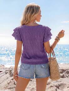 Sylviya 女士纯色圆领荷叶边花瓣袖休闲宽松衬衫 - 紫丁香色 - 查看 2