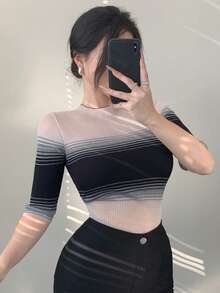 DAZY Light Grey,Summer,Chic,Night Out Gradient Striped Contrast Color Turtleneck Knit Top,Slim Fit Sheer Short Sleeve Blouse,Elegant Office Wear For Women - Pink - View 8