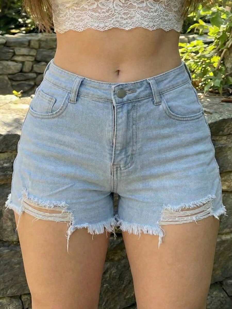 SHEIN ICON Women's Casual Washed Distressed Denim Shorts, Summer - Light Wash - View 1