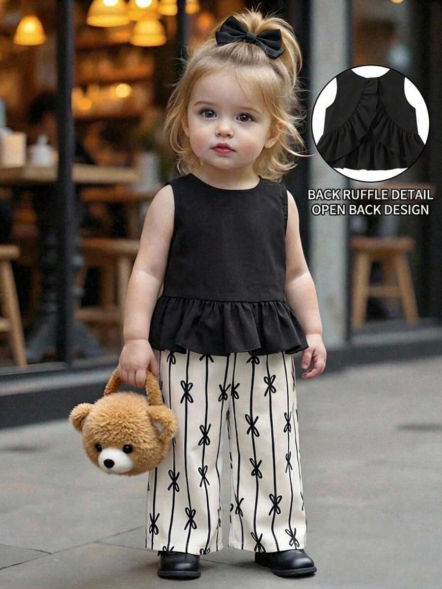 SHEIN 女婴度假休闲荷叶边背心和松紧腰条纹印花裤套装 - 黑色 - 查看 1