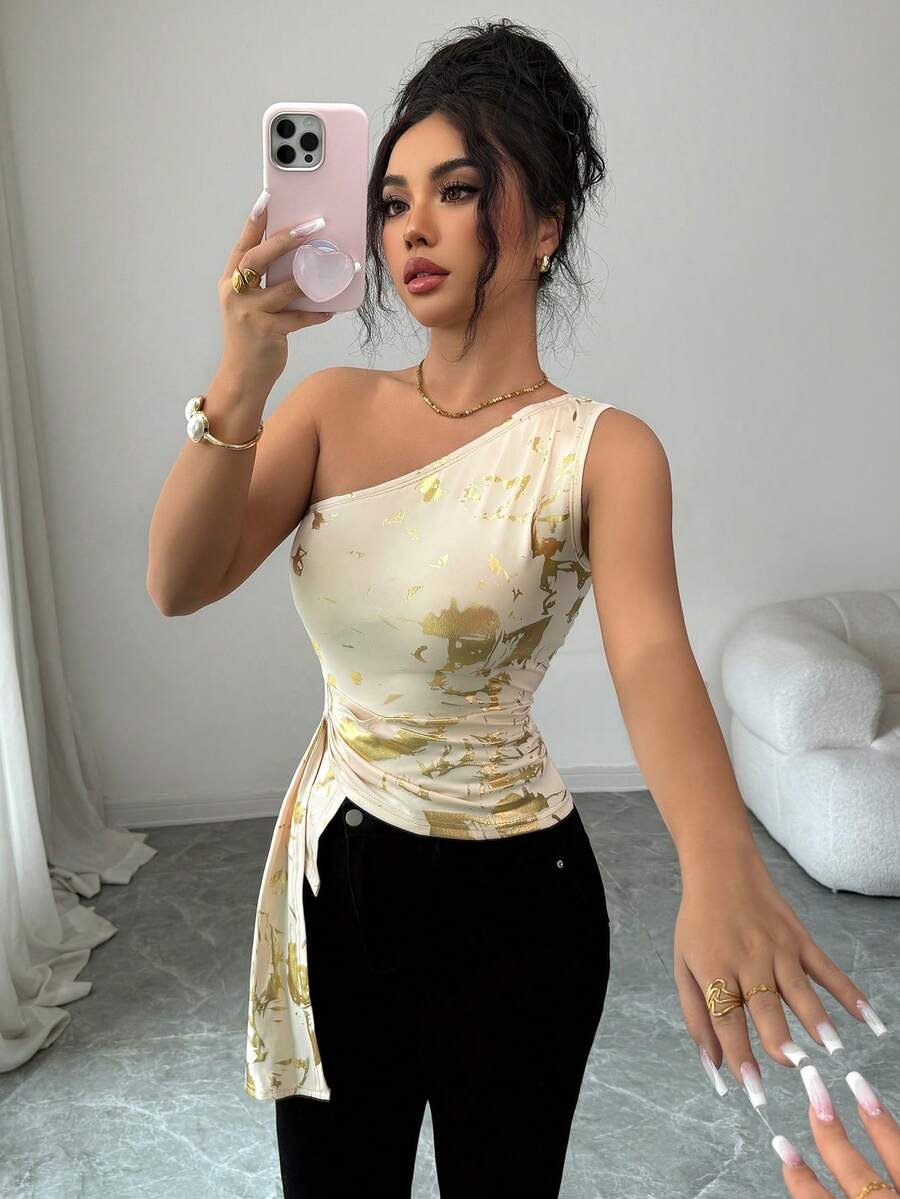 Rafferiza Women's Spring/Summer Sleeveless Tank Top, Gold Foil Fabric, Backless Halter Tank Top - Apricot - View 1