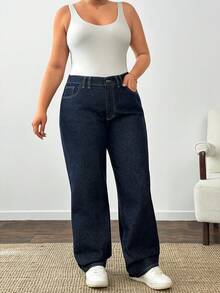 SHEIN Cottnline بنطلون جينز كاجوال بخصر عالي وساق مستقيمة، غسيل أزرق داكن، قطن 100%، مقاس كبير - أزرق داكن - مشاهدة 1
