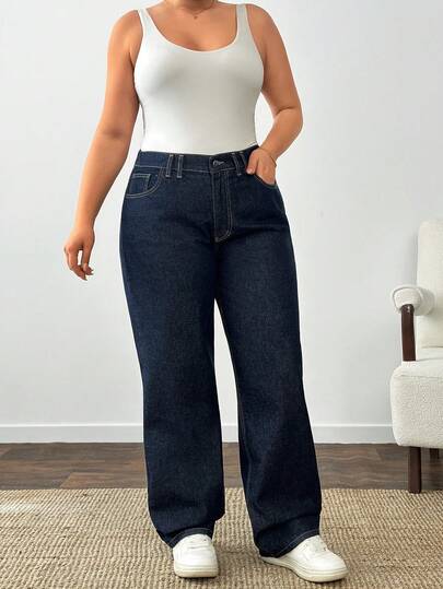 SHEIN 100% Cotton Plus Size High Waist Straight Leg Dark Blue Wash Casual Jean