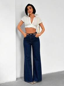 SHEIN Quần jean denim ống đứng cạp cao, màu xanh nhạt, chất liệu 100% cotton, kiểu dáng thường ngày. - Rửa trung bình - Xem 5