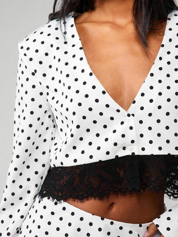 MISSGUIDED Polka Dot Two Piece With Lace Trim