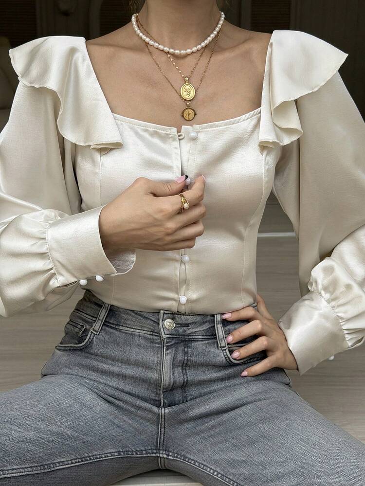 Women's Solid Color Ruffle Hem Long Sleeve Elegant Vacation Blouse