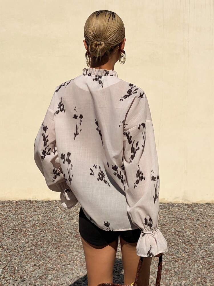 Floral Print Loose Pleated Ruffle Trim Long Sleeve Elegant Vacation Blouse For Women, Spring/Autumn