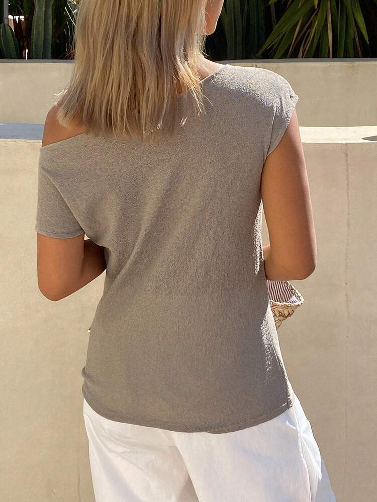 Women's Solid Color Fitted Asymmetrical Shoulder Elegant Summer Knit Top
