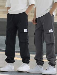 SHEIN Vacaura 2pcs Boys' Casual Versatile Cargo Pants With 3D Pockets, Grey & Black Combo Set - Multicolor - View 1