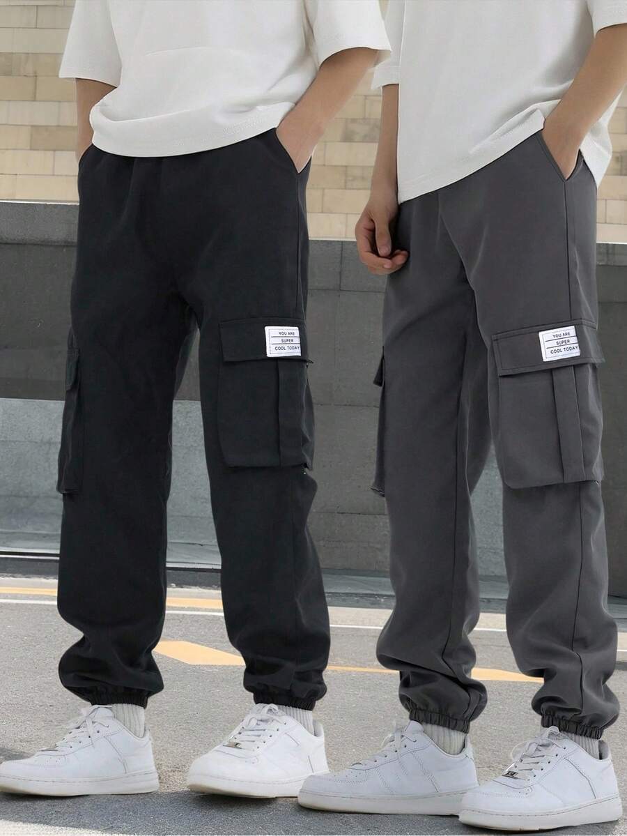SHEIN Vacaura 2pcs Boys' Casual Versatile Cargo Pants With 3D Pockets, Grey & Black Combo Set - Multicolor - View 1