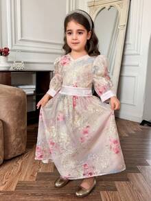 DAZY Young Girls V-Neck Puff Sleeve Cute Dress, Fall Outfit - Multicolor - View 5
