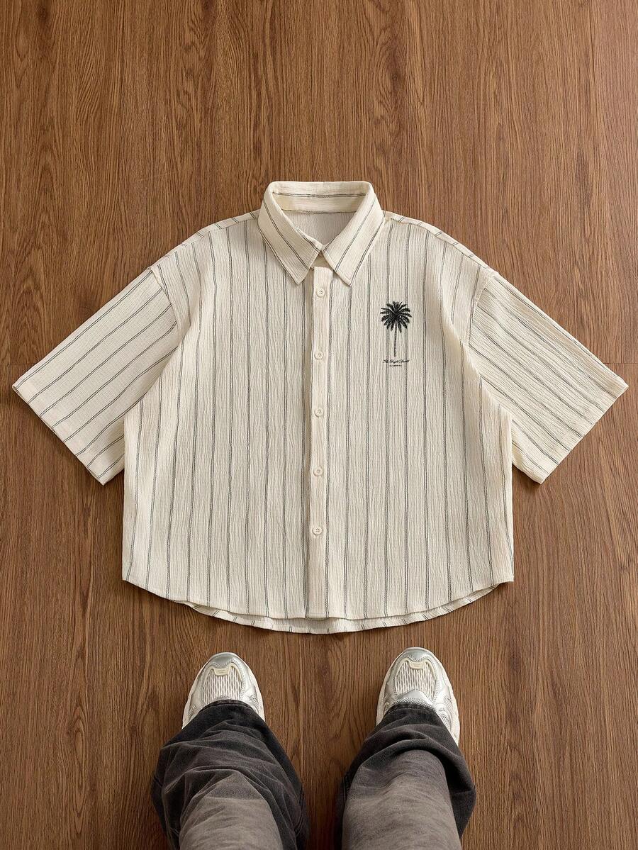 SWAVVY Men's Striped Letter & Palm Tree Print Single-Breasted Casual Versatile Striped Sleeve Shirt - White - View 1