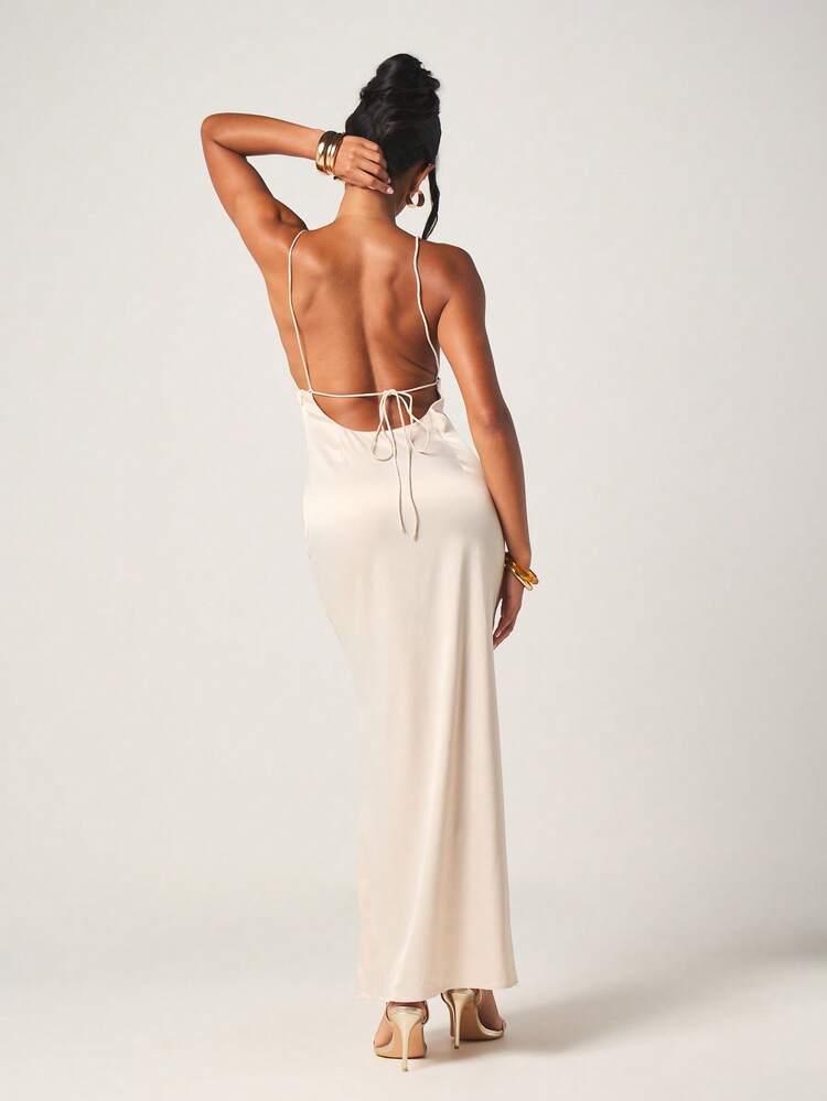 MISSGUIDED Robe de soirée longue moulante en satin à col V profond avec détail de cravate, sans manches, longueur au sol, élégante pour cocktail, occasion spéciale