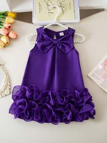 Elladie kids Baby Girls' Elegant Sleeveless Bow Decor Ruffle Mesh Dress, Minimalist Fashion For Spring/Summer - Royal Blue - View 4
