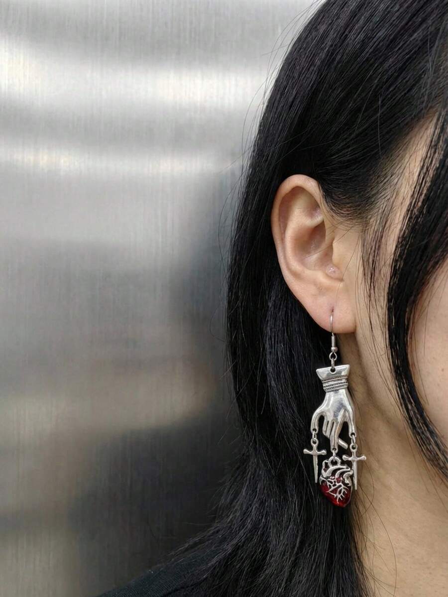 Joivida 1对哥特式泪滴耳环，镀合金材质，红色水晶十字架设计，垂坠式耳环，适合低过敏性朋克摇滚音乐会派对之夜装扮，哥特吸血鬼风格 - 紅色 - 查看 1