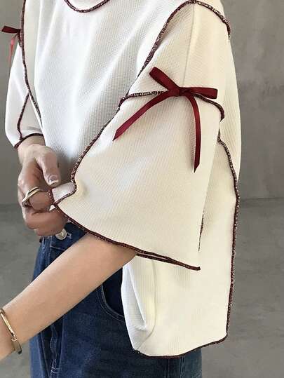 FRIFUL Women's Loose Fit Crew Neck Colorblock Wavy Hem Bowknot Sleeve Casual Sweatshirt