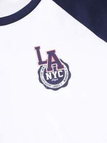 Casuvi Kids Tween Boy Casual Blue & White Color Block Raglan Sleeve Letter Graphic Round Neck T-Shirt, Left Chest LA Print Design, Suitable For Spring & Summer, Outdoor Play, School, Street Style, Party And Leisure Baseball Shirt For Kids Round Neck Short Sleeve Tee For Kids Kids Boy Summer Tshirt Boys T Shirts Half Sleeve - Blue and White - View 6