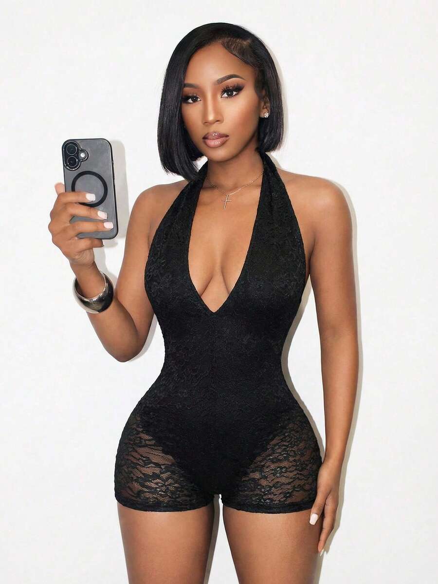 BamGleam Women's Sexy Contrast Lace Halter Jumpsuit, Summer - Black - View 1