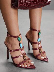 CUCCOO SZL Women's Fashionable Elegant Faux Pearl Decorated High Heel Sandals Prom Heels - Burgundy - View 4