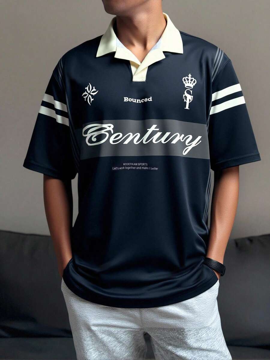 Manfinity Hypemode 男士字母印花短袖休闲通勤 Polo 衫 男士针织衫 学院风图案 Polo 衫 男士高尔夫球衫 保龄球衫 橄榄球衫 Polo 衫 - 黑色 - 查看 1