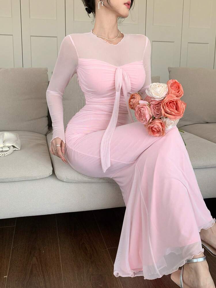 Spring & Summer Pink Sheer Mesh Patchwork 2 In 1 Design Tie Front Waist Tie Dress, Elegant For Valentine's Day, Wedding, Party, Formal Occasion, Fashion, Slim Fit, Midi Length Long Sleeve Dress For Women Sundress