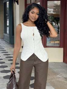 Alexandranx Women's Sleeveless Geometric Textured Single-Breasted Casual Shirt, Geometric Texture And Micro-Stretch Fabric, Women Slim Fit Top Shirt, Elegant And Fashionable For Commuting, Simple Fashion Casual Everyday Cami Tank Top, Spring/Summer, Sleeveless Top, Old Money Blouses, Western Wear Women - Apricot - View 3