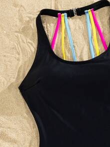 Swim Nautrix Women's Essential Black One-Piece Swimsuit,Summer Casual Gym Sleeveless U-Neck Backless Colorful Rope Monokini Halter Beach Pool Swimwear - Black - View 7