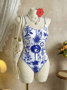 Swim Vcay 女士沙滩装条纹海洋热带花卉印花连体泳衣，适合情人节、新年派对、度假穿着，春夏泳装 - 藍色 - 查看 6