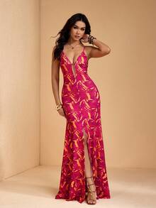 JIAN LASALA All-Over Print Knit Jersey Spaghetti Straps Low-V Neck Women Sleeveless Maxi Dress Summer - Red - View 3