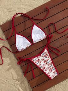 Swim Mod Women's Micro Triangle Cup Sexy Burgundy Bikini 2-Piece Set, Unique Fish Pattern With Vibrant Vitality, Classic Sexy French Triangle Cup Halter Design, Suitable For Vacation, Valentine's Day, Beach, Photo Shoot, Spring/Summer - Red - View 2