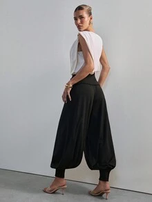 Hauture Women's Sexy Office Wear Balloon Pant With Buttoned Cuff And Fold Over Waistband - Black - View 4