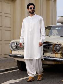 DAZY Spring Long Sleeve Robe & Pants Set, Middle Eastern Style White Robe & Shirt For Men - White - View 6