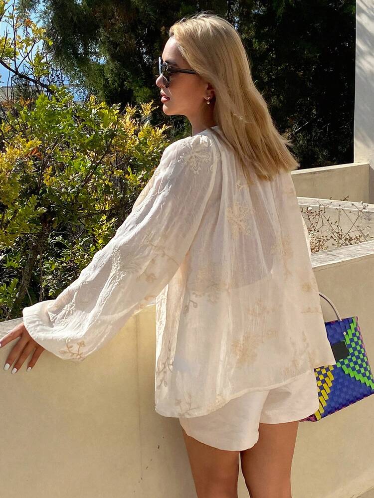 Women's Solid Color Textured Embroidered Loose Tie Bow Long Sleeve Elegant Summer Blouse