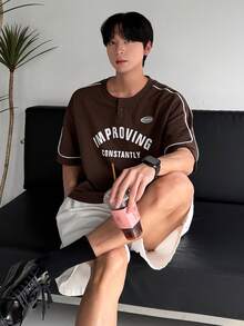 DAZY Men's Letter Print Round Neck Half-Zip T-Shirt, Summer Graphic Tees Men - Brown - View 4