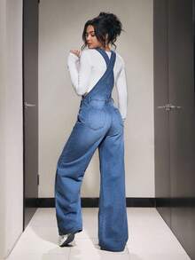 SHEIN PETITE Women's Casual Washed Loose Denim Bib Pants - Medium Wash - View 2