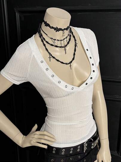 EgrlEra Women's Fashionable White Deep V-Neck Eyelet Trim Short Sleeve T-Shirt