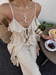 DAZY Women's Casual Ruffled Camisole Top And Pants Two Pieces Outfit, Suitable For Summer Vacation - Khaki - View 7