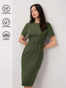 BizChic 女士短袖中长连衣裙，都市通勤商务优雅夏季款 - 軍綠色 - 查看 3