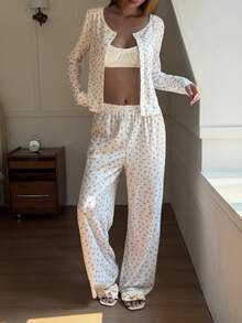 Livesso 女士印花长袖上衣和阔腿裤休闲两件套 - 白色 - 查看 3