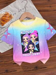 Áo thun ngắn tay cổ tròn in họa tiết hoạt hình K-POP hình ngôi sao, phối màu, thích hợp cho bé gái mặc hàng ngày và đi nghỉ mát, mùa xuân/hè/mọi mùa. - Hồng - Xem 3