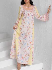 Yasmyna Áo Abaya phối ren và lưới hai lớp in hoa. - Màu be - Xem 5