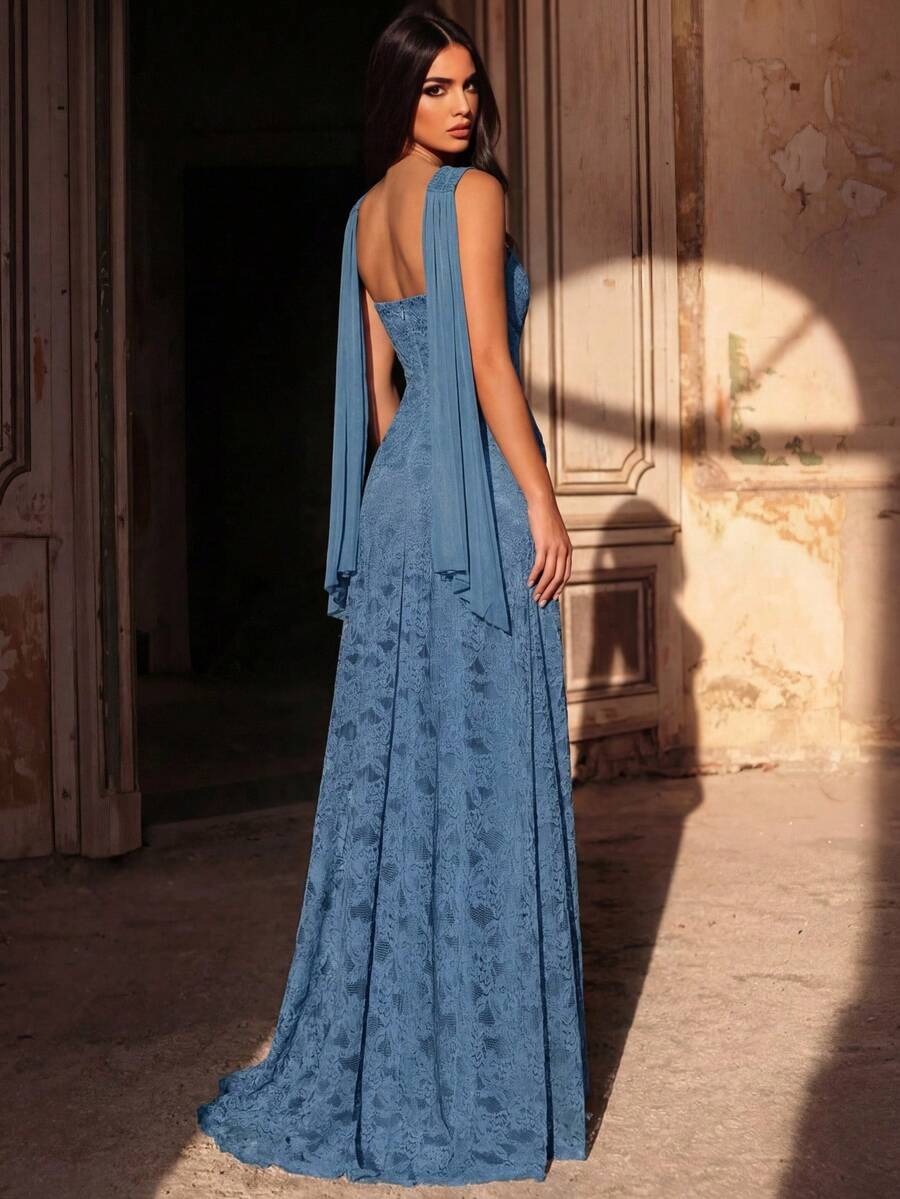 Glamrae Elegant, Romantic, Fashionable Blue Lace Fabric Fishbone Decor A-Line Front Slit Formal Party Dress, Wedding Guest Dress, Blue Dress, Fashionable Elegant Wedding Formal Evening Gown