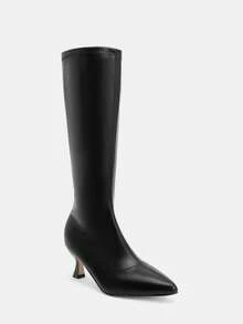 Glitzique 2025秋冬韩版简约过膝长靴，弹性面料，绒面质感，修身廓形，侧拉链，尖头高跟，猫跟 - 黑色 - 查看 4