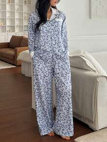 DAZY Leopard Print Patchwork Loose Women Pajama Set - Blue - View 3