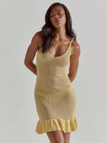 MUSERA Deep V Skinny Strap Frill Hem Fitted Square Knit Crochet Dress Cute Beach Coverup Summer Spring Holiday Going Out Swim Sexy Crochet Knit - Yellow - View 5