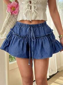 Breezaya 女士休闲水洗牛仔短裤，荷叶边下摆，夏季 - 藍色 - 查看 1