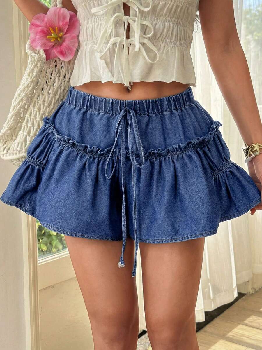 Breezaya 女士休闲水洗牛仔短裤，荷叶边下摆，夏季 - 藍色 - 查看 1