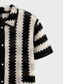 EASEVO Plus Size Men's Casual Vacation Colorblock Striped Short Sleeve Cardigan  Lightweight And Breathable  Dry And Cool  Soft And Skin-Friendly  Gentle And Close-Fitting - Black and White - View 6