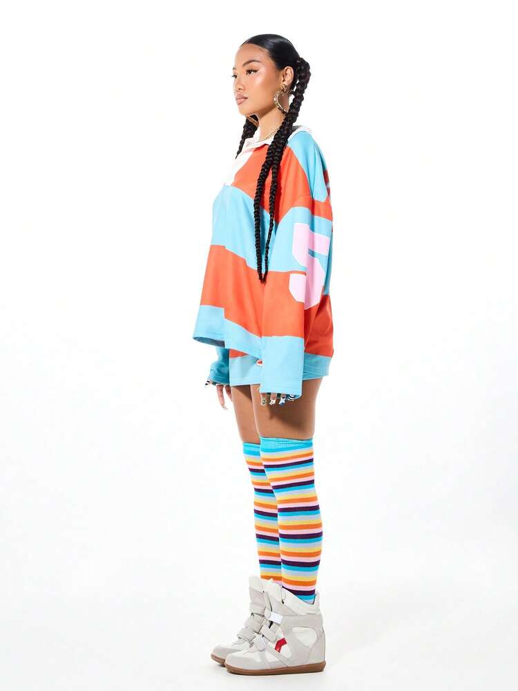 SUMWON Maglia a righe da rugby da donna, manica lunga, collo, design a blocchi di colore a righe orizzontali, casual, vintage, sportiva, pullover
